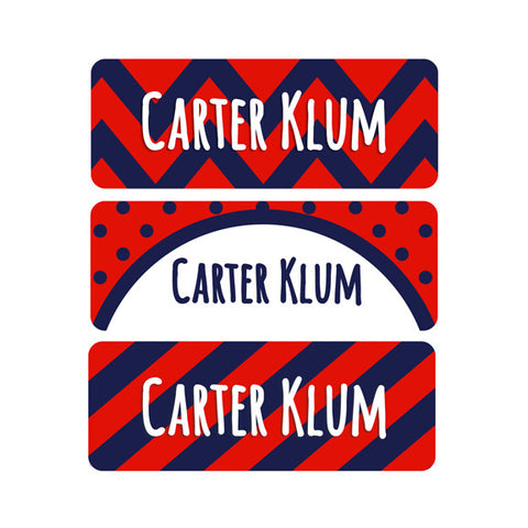 Chevron, Stripes, Polka Dots, Navy Blue, Red, Boy Name Labels