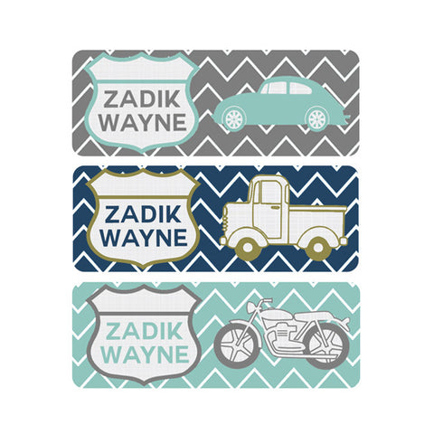 Uptown Traffic, Cars, Navy Blue, Mint, Gray, Boy Name Labels