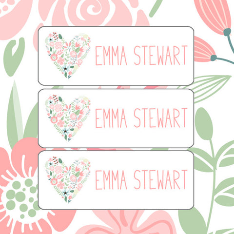 Floral Hearts, Pink, Flowers, Hearts, Girl Name Labels