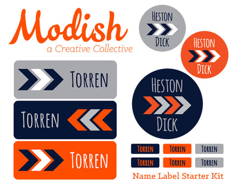 312 Labels, Boy, Tribal, Orange, Navy, Gray, School Pack, Daycare Pack, Camp Pack, Starter Pack