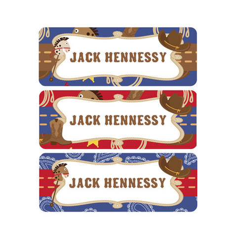 Cowboy, Western, Horse, Red, Navy Blue, Boy Name Labels